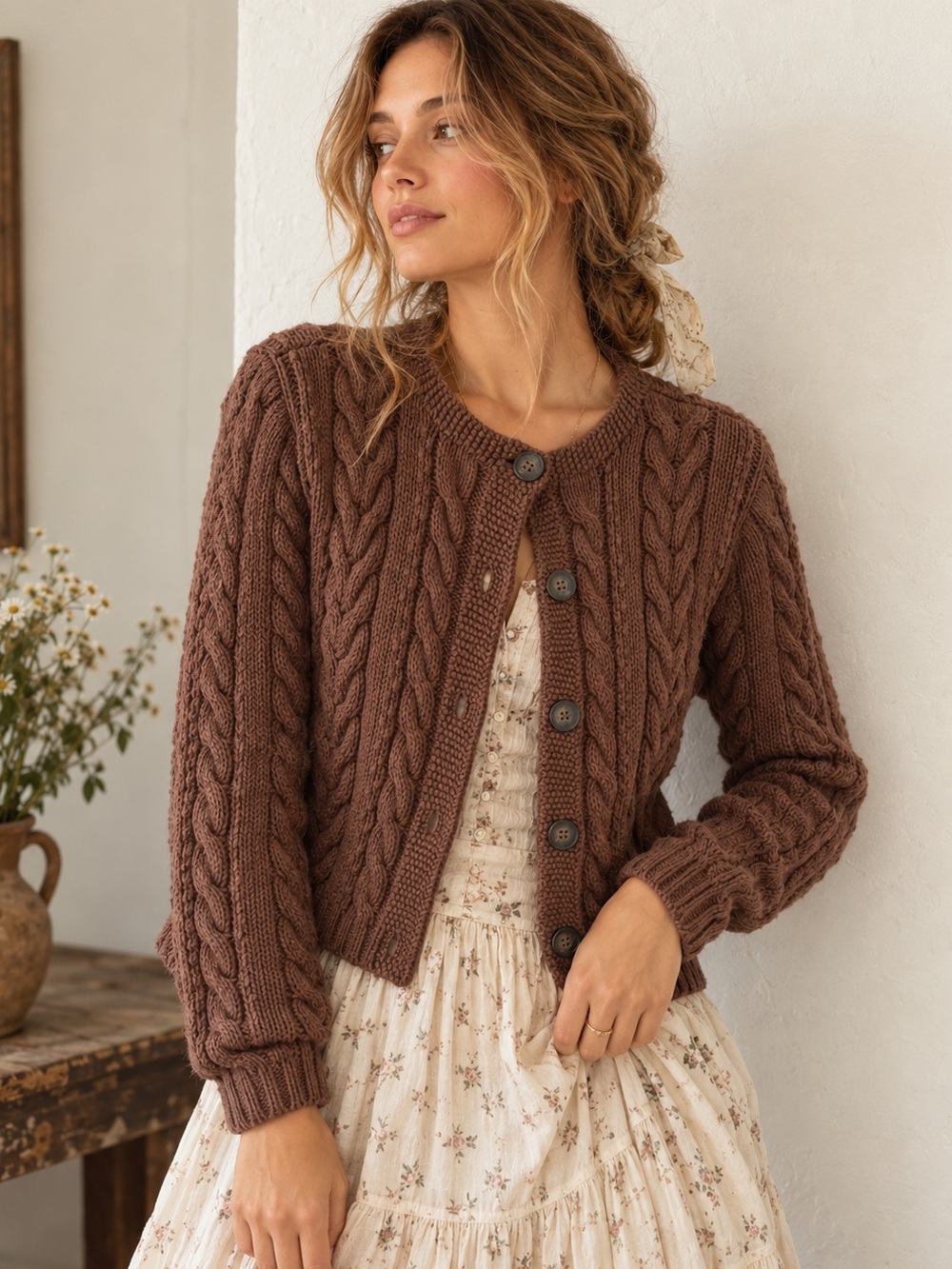Vintage Cable Knit Cardigan Brown Cotton Sweater button up fisherman chunky Sz S